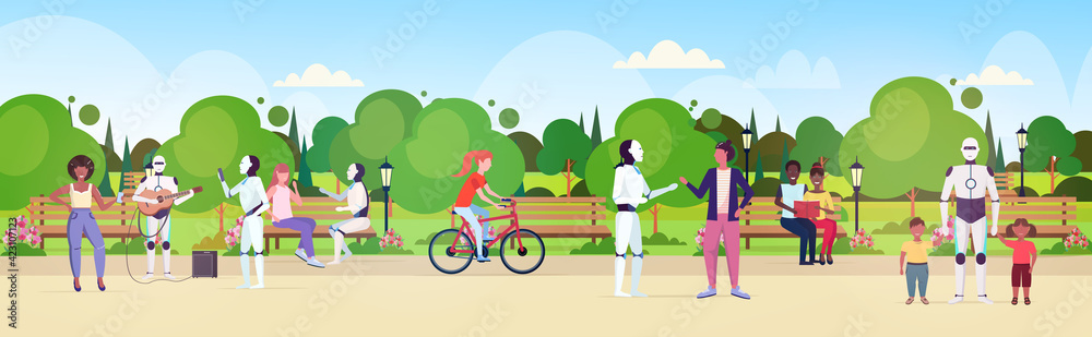 mix race people and robots walking in urban park artificial intelligence technology concept human vs robotic characters relaxing in park landscape background horizontal full length