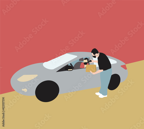 Drive thru and takeaway for buy fast food for protect covid19. New normal life style. Staff woman wearing mask and handed a food to customer. Drive through and take away concept.