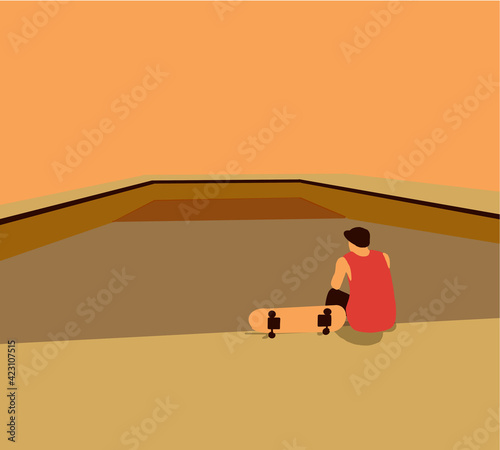Man Skateboarder Lifestyle Relax Hipster Concept. Guys in casual clothes skateboarding sitting on ramp with skateboard in skate park during sunny summer day City landscape on background. 