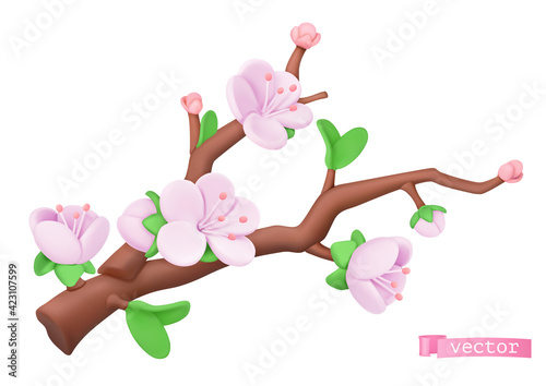 Spring flowers, plasticine art illustration. Tree branch. 3d cartoon vector icon