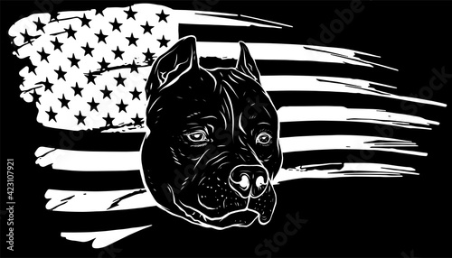 white silhouette of Head pitbull with american flag vector illustration