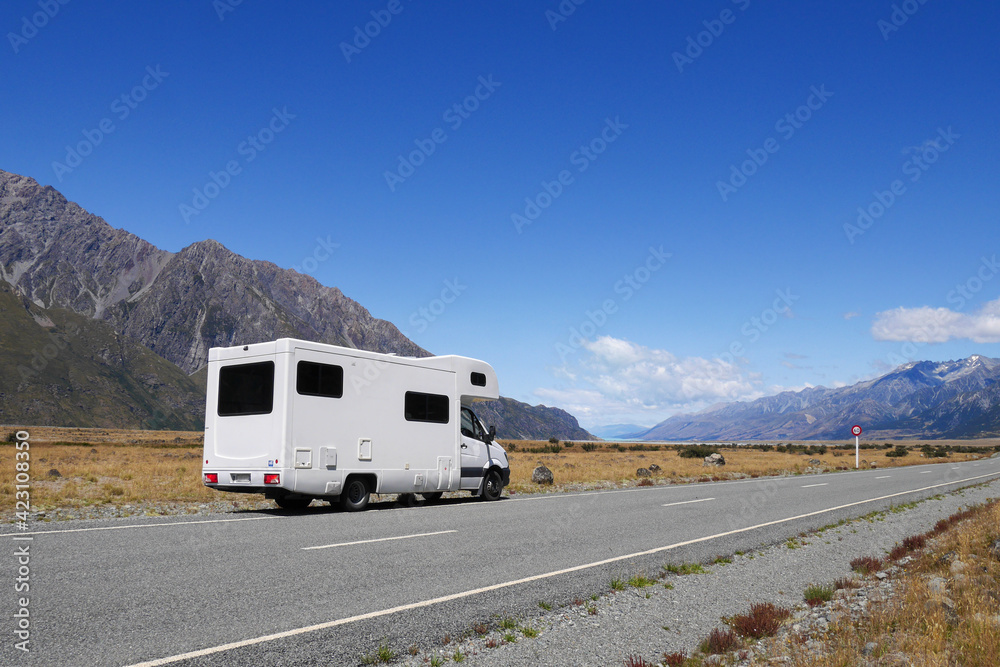 Campervan on road to Mount Cook, New Zealand