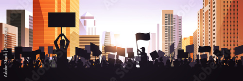 silhouette of people crowd protesters holding protest posters men women with blank vote placards demonstration speech political freedom concept cityscape background horizontal portrait
