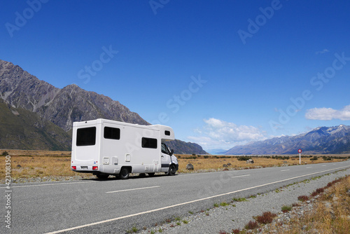 Campervan on road to Mount Cook, New Zealand photo