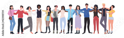 mix race men women standing together female male cartoon characters embracing full length flat horizontal