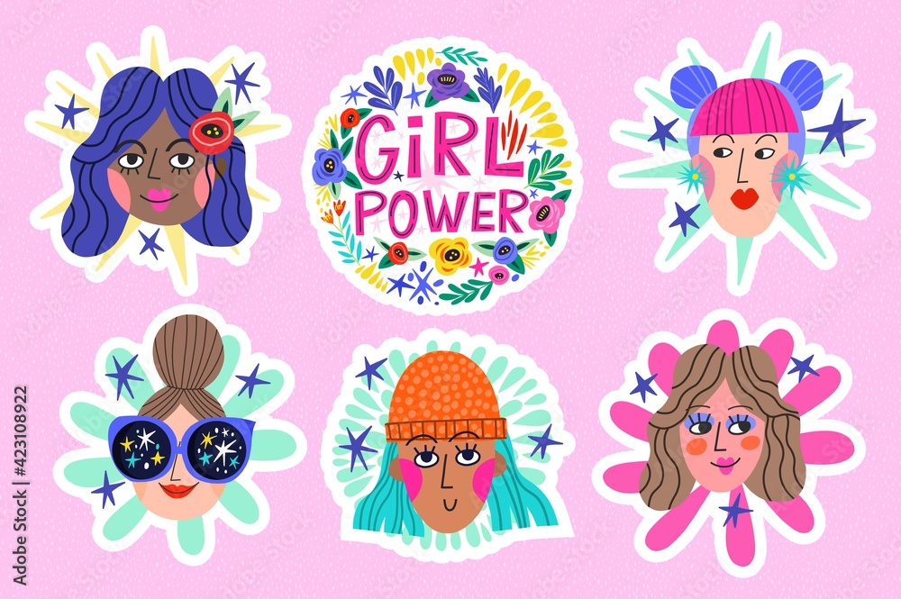 Cool vector stickers pack with girls faces and lettering. Girl Powers Stickes.