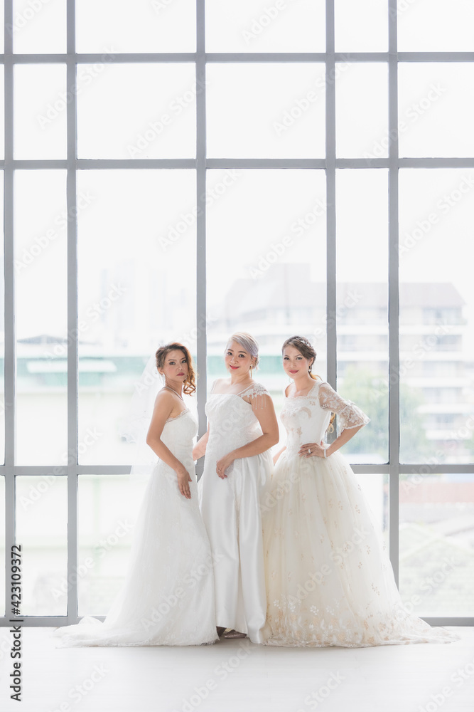 Naklejka premium Group of beautiful Asian brides stand and poses..