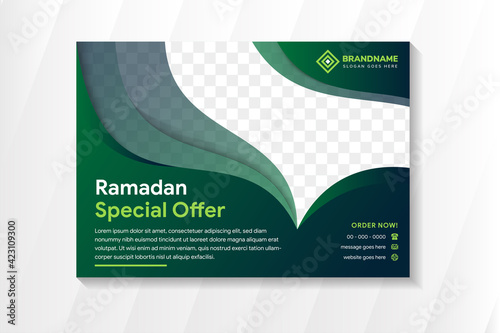 Ramadan kareem special offer flyer template design use horizontal layout with green gradient colors. Social media post template with dom mosque shape for photo space. template for advertising design.