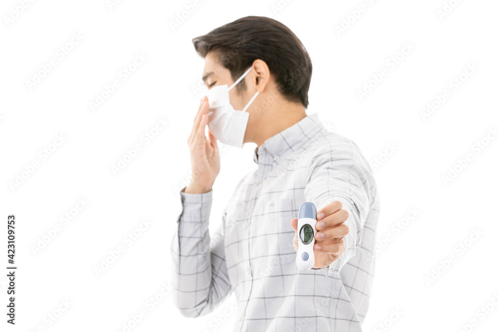 Man feel excite when read thermometer Man feel excite when read thermometer