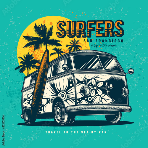 Original vector illustration in vintage style. An old tourist van painted with flowers on a background of palm trees and a retro sunset.