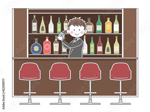 バーで働く男性バーテンダーのイラスト