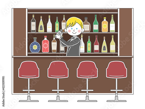 バーで働く白人男性バーテンダーのイラスト
