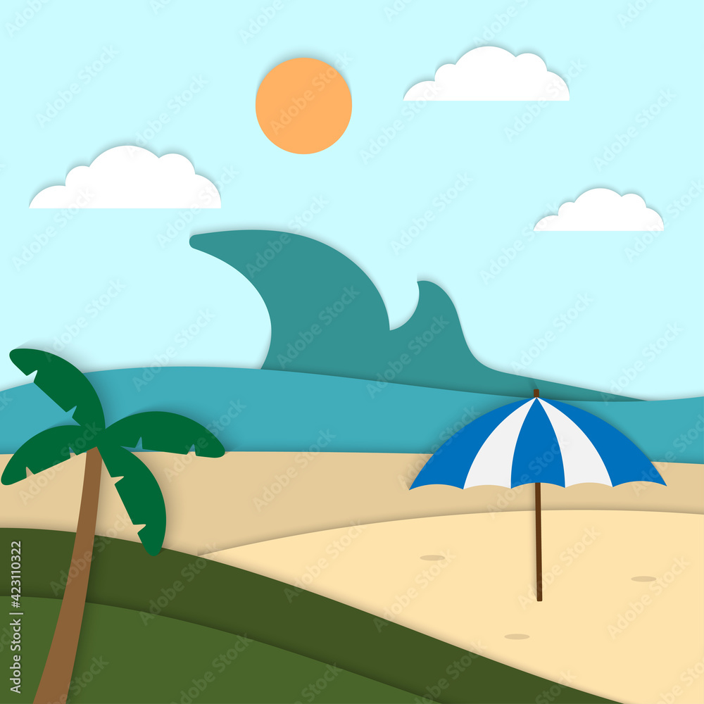 Hello Summer Beach paper cut background vector,ocean view umbrella paper art style for template