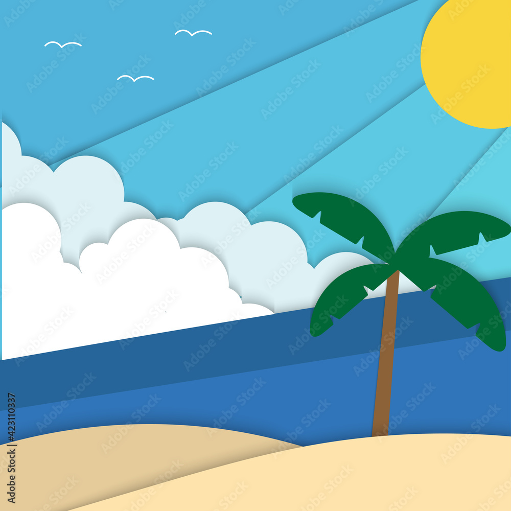 Summer Beach paper cut background vector,ocean view with coconut tree paper art illustration