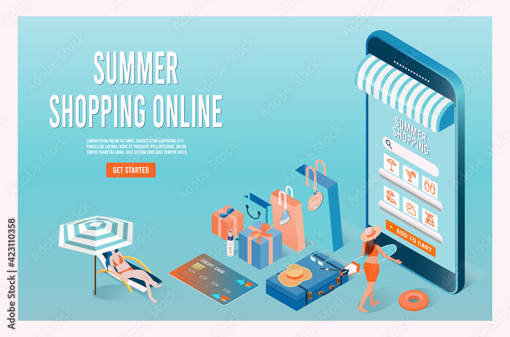Hot Summer Sale banner layout design. Online shopping with mobile phone, swim ring, Ball, woman holding surfboard and credit card.. Vector illustration EPS 10