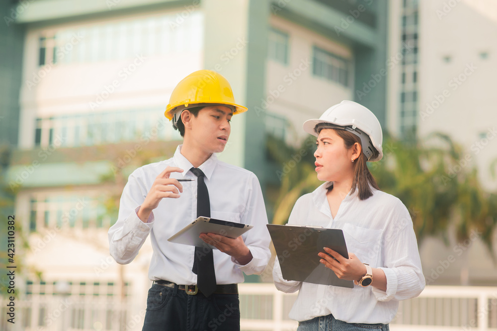 Man explain women for business discussion , Worker Teamwork talking architect project Man explain women for business discussion , Worker Teamwork talking architect project