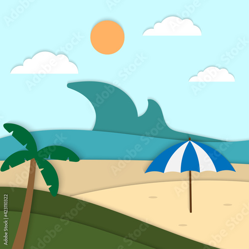 Hello Summer Beach paper cut background vector ocean view umbrella paper art style for template
