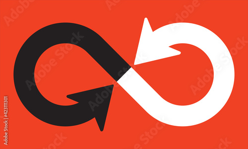 Infinity symbol with pointing directional arrows.
Vector illustration of curved overlapping lines with arrows pointed directly at each other.