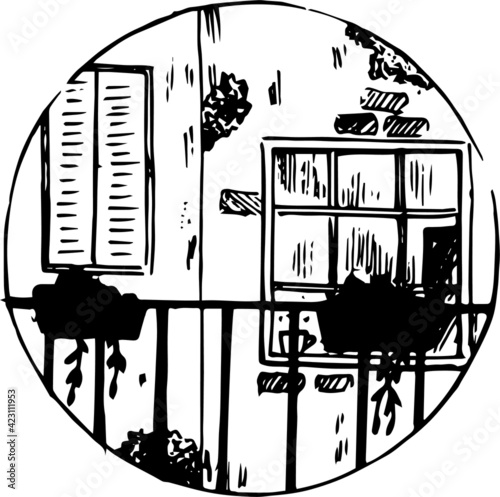 View from window ink illustration. Urban house with windows illustration. Rustic buildings textured vector drawing. Plant holder on parapet artwork. 