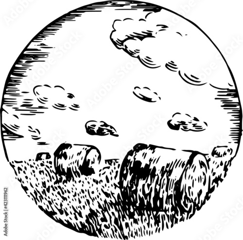 Hay roll on a field ink illustration. Rural countryside landscape minimal vector drawing. Clouds, sky background. Textured monochrome style. Nature outdoor theme.  