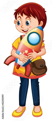 A girl holding rocket toy cartoon character isolated on white background