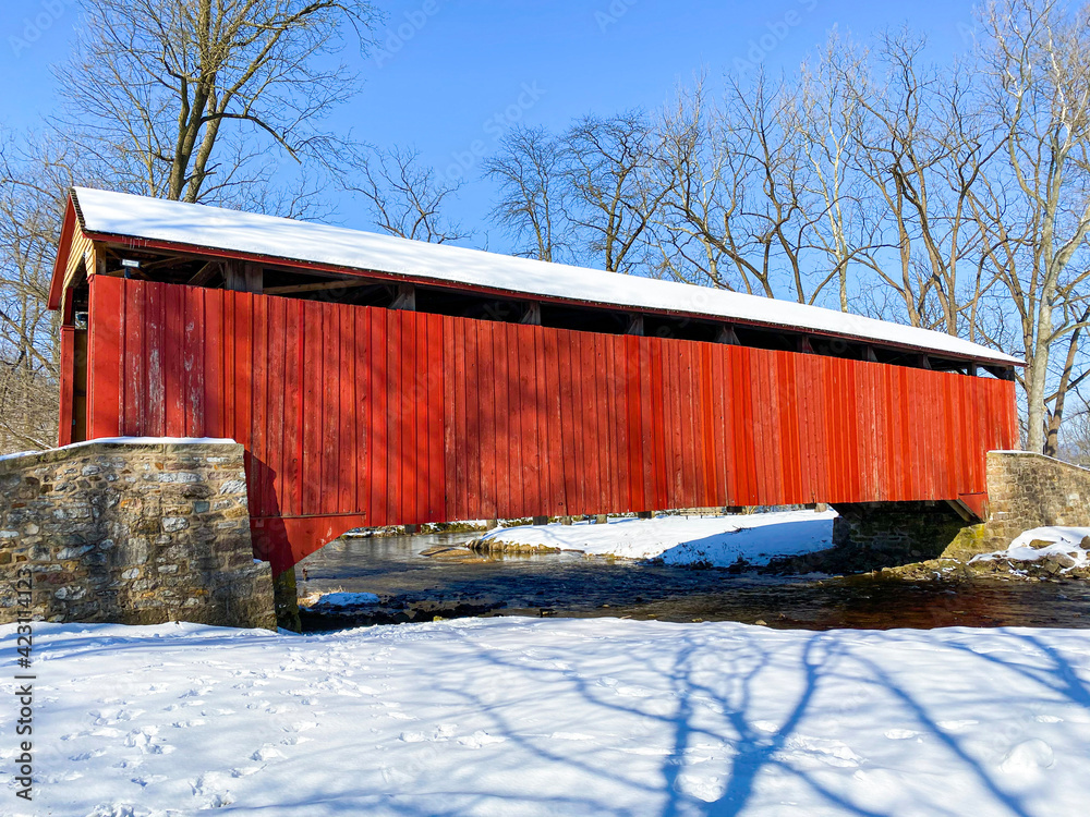 Pool Forge Covered Bridge on a winter morning in historic Lancaster, Pennsylvania
