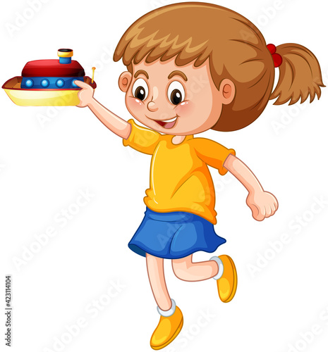 Happy girl cartoon character holding a toy ship