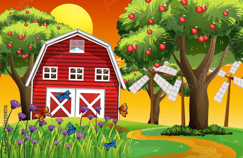 Farm scene with red barn and windmill
