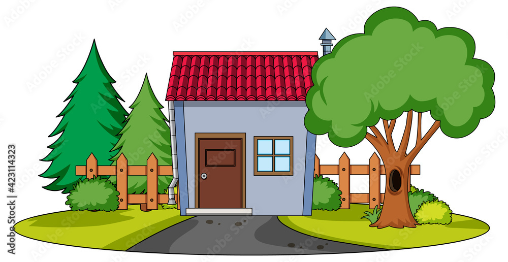 Front view of a house with nature elements on white background Front view of a house with nature elements on white background