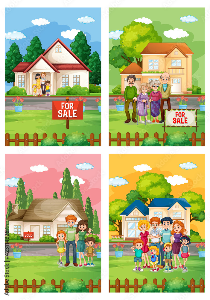 Different scenes of family standing in front of a house for sale Different scenes of family standing in front of a house for sale