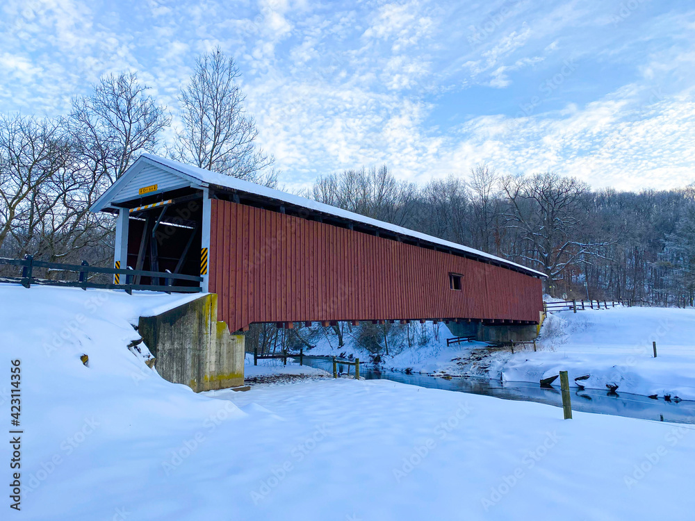 Jackson's Saw Mill Covered Bridge in the winter in Lancaster County, PA