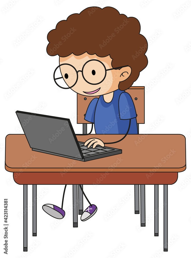 A doodle kid using laptop cartoon character isolated A doodle kid using laptop cartoon character isolated