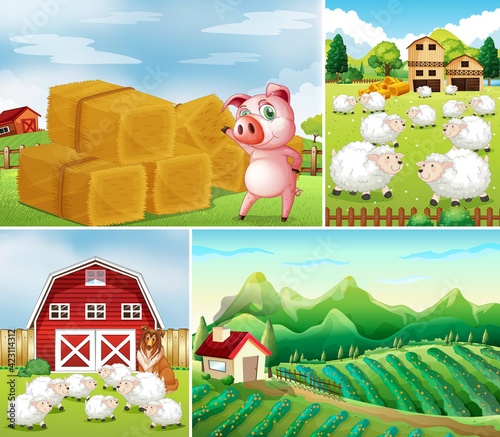 Set of different farm scene with farm animals