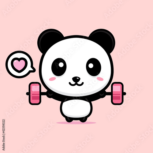 vector design of cute cartoon panda lifting iron barbell