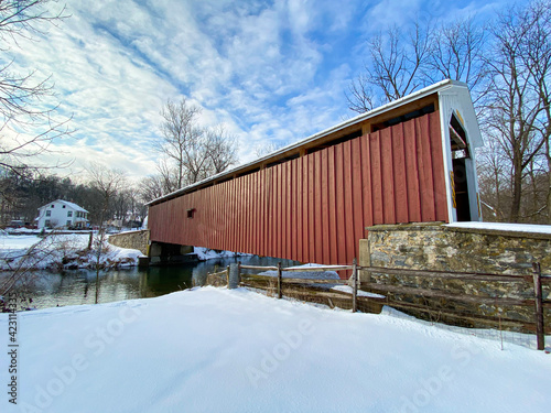 Neff's Mill Covered Bridge in the wintertime in Lancaster, Pennsylvania © eric
