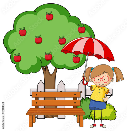 Doodle cartoon character a girl holding an umbrella with apple tree © GraphicsRF