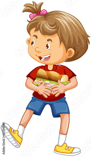 A girl holding food cartoon character isolated on white background