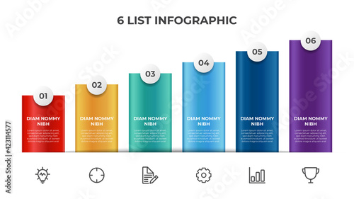 Ascending block list with 6 points, infographic element template with steps diagram vector