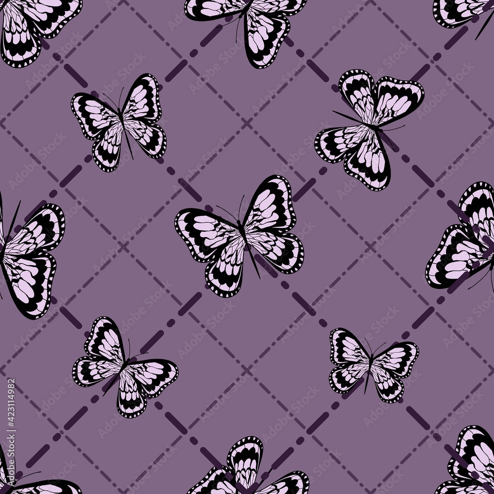 Fototapeta premium Beautiful butterflies on a graphic background. Dotted line. Isolated background.