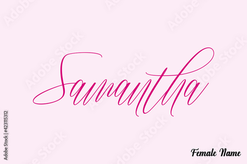 Samantha-Female Name Calligraphy Dork Pink Color Text On Pink Background photo