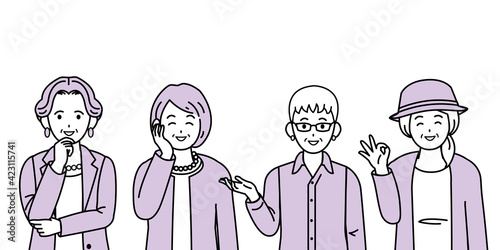 年配の女性　シニア　高齢者　人々　笑顔　元気　ポーズ　仕草　セット　イラスト素材