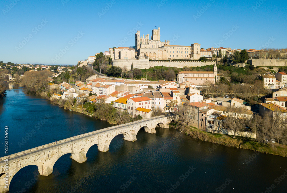 Aerial view of Beziers with Old Bridge and Cathedral of Saint Nazaire, France