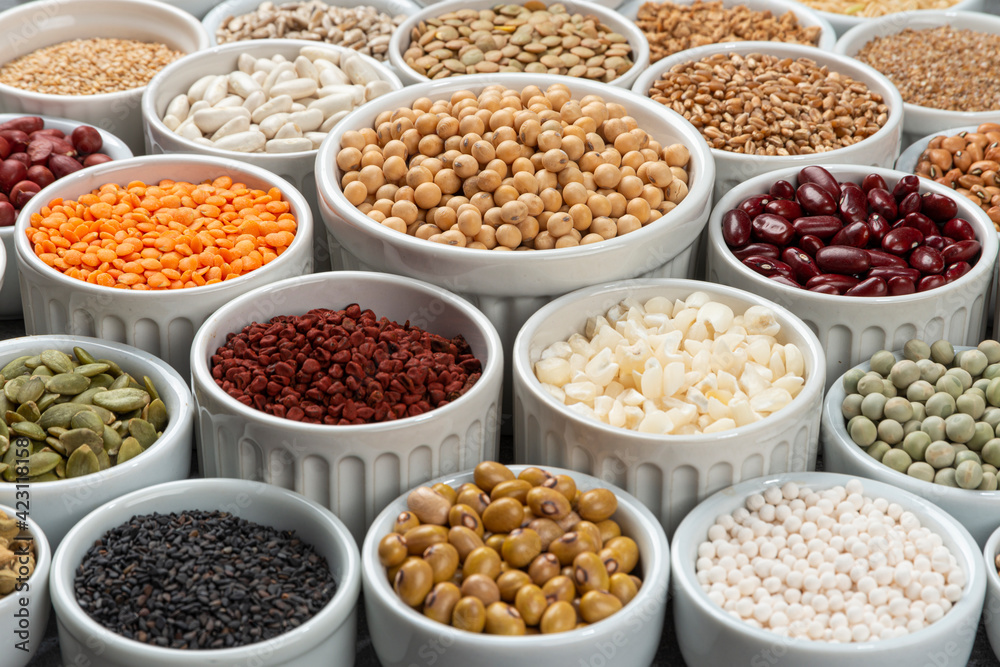 Several full grain containers. Selective focus. Several full grain containers. Selective focus.