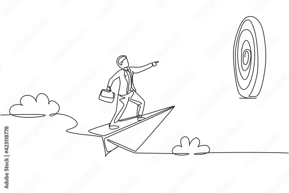 Continuous one line drawing young male worker focus flying with paper air plane into target dartboard. Success business manager. Minimalist concept. Single line draw design vector graphic illustration
