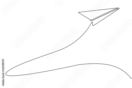 Single one line drawing of paper airplane flying high up to the sky on white background. Paper air craft origami kids game concept. Modern continuous line draw design graphic vector illustration