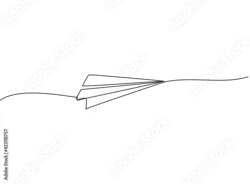 Continuous one line drawing of paper airplane flying on the sky with white background. Creative paper plane kids toy concept. Trendy single line draw design vector graphic illustration
