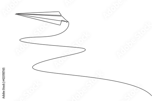 Continuous one line drawing of paper airplane flying up to the sky on white background. Paper aero plane origami concept. Kids toy trendy single line draw design vector graphic illustration