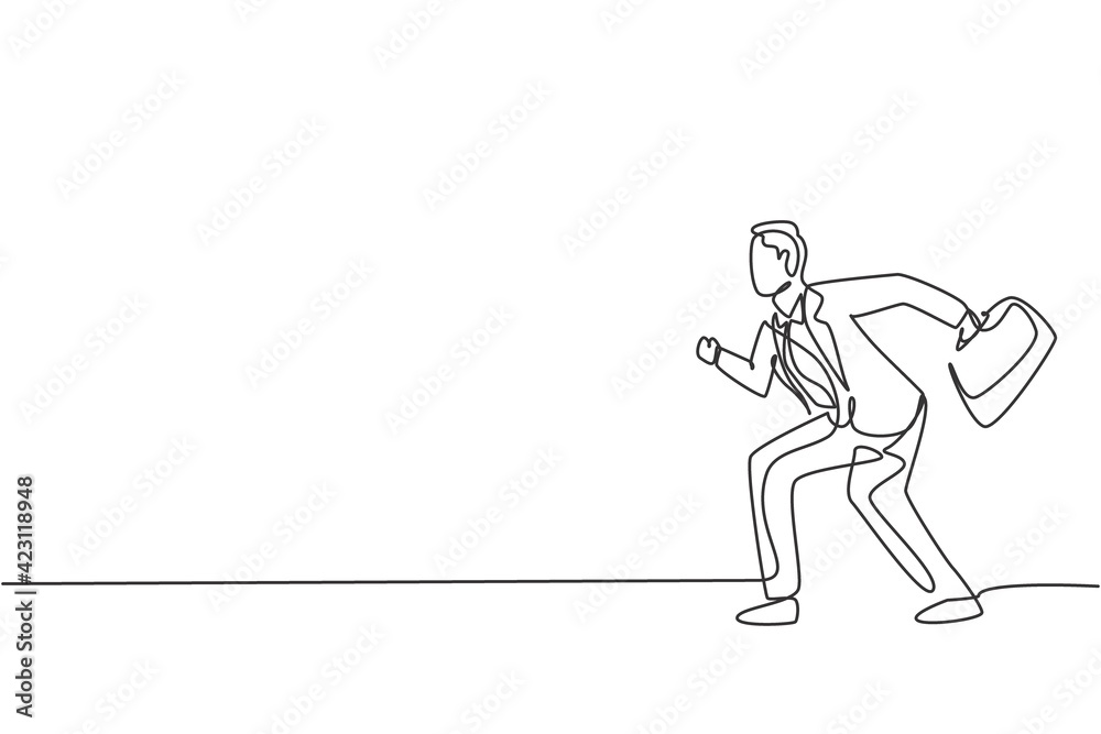 Continuous one line drawing of young male worker ready to sprint to win business competition race. Business metaphor. Minimalist concept. Trendy single line draw design vector graphic illustration Continuous one line drawing of young male worker ready to sprint to win business competition race. Business metaphor. Minimalist concept. Trendy single line draw design vector graphic illustration