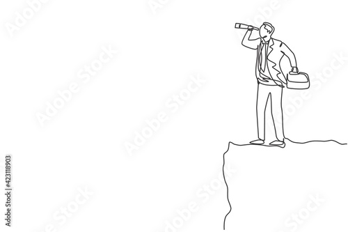 Continuous one line drawing young male worker analyze market situation from top of the mount. Success business manager. Minimalist concept. Trendy single line draw design vector graphic illustration