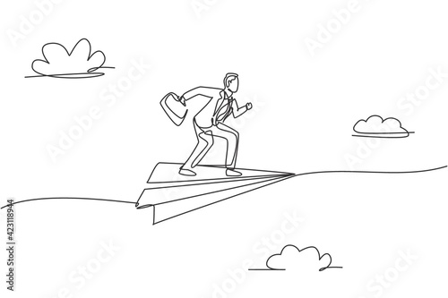 Continuous one line drawing young male worker pose ready to sprint on flying paper airplane. Success business manager metaphor. Minimalist concept. Single line draw design vector graphic illustration